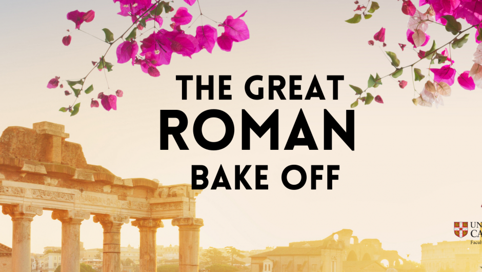text: the great roman bake off, background: ancient ruins in sepia. 