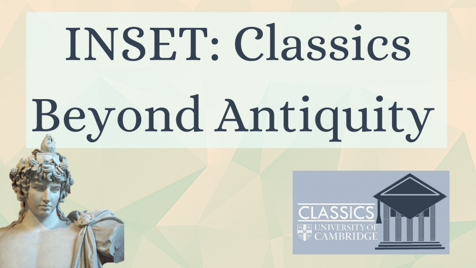 text: inset classics beyond antiquity.  pale yellow and greek background. 
