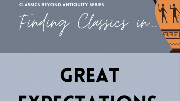 'finding classics in great expectations' on grey background